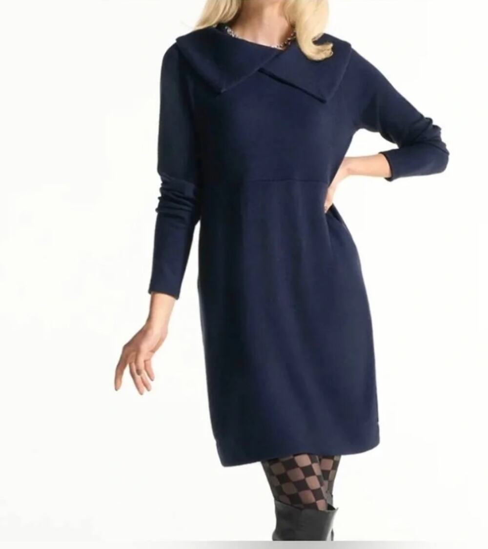 Cabi XS Round Up Sweater Dress $125 Petal Collar Long Sleeve Knit Navy Blue